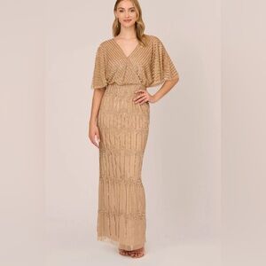 Adrianna Papell BEADED LONG COLUMN BLOUSON GOWN Dress in CHAMPAGNE GOLD Size 4